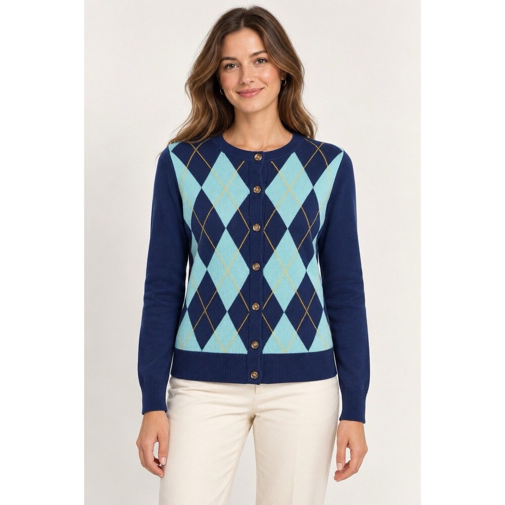 St Johns Bay Cardigan Women's Small Navy Aqua Argyle Cotton Button Front Sweater